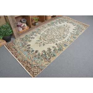 Alfombra de lana turca vintage de 3,8x8,5 pies, tejido plano de retazos beige y azul para decoraciones de sala de estar con respaldo de látex - Product Image 2