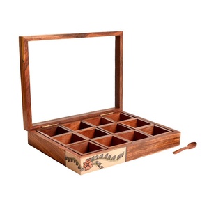 Boîte de rangement de bureau en bois d'acacia avec poignée en acier inoxydable Récipient à épices d'assaisonnement de cuisine et fourchettes de service en métal - Product Image 6