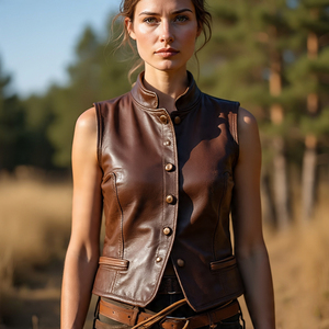 Chaleco sin mangas de chaqueta de cuero genuino para mujer a la moda al aire libre | Chaleco de piel de oveja con botones para mujer - Product Image 5