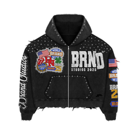 Sweat à capuche OEM avec broderie personnalisée pour l'hiver avec strass en détresse, fermeture éclair complète, lavage à l'acide, sweats à capuche vintage 2025