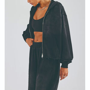 Sudadera con Capucha Personalizada, Holgada, con Cierre, Estilo Crop Top, Hombros Caídos, Borde Deshilachado, Lavada, Estilo Vintage para Mujer - Product Image 4