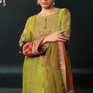 Robe pakistanaise 3 pièces en soie brodée pour femme pantalon évasé et organza Dupatta avec Shalwar Kameez pour les fêtes 4 saisons - Product Image 5