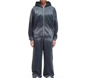 ชุดวอร์มแฟชั่นฤดูหนาวแบบย้อมสีเอซิดทรงขาบาน ซิป 500 GSM ชุดจ็อกกิ้งขาตรง ชุดฮู้ดดี้และกางเกงวอร์มแบบดิสเทรสสำหรับผู้ชาย - Product Image 1