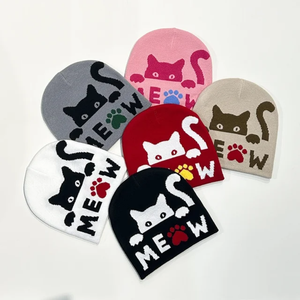 2024 nouvelles idées produit Jacquard tricoté chapeau chaud oreillettes casquette mode dessin animé chat patte empreinte Kitty froid bonnet - Product Image 3