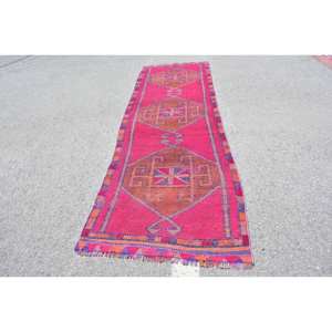 Tapis Turc Vintage Grande Surface 3.3 X 10.8ft Classique Rose Orange Patchwork Puzzle Couloir Motif Laine PVC Latex Tapis de Chambre - Product Image 1