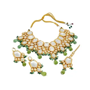 Ensemble de bijoux de mariage en acier inoxydable plaqué or 18 carats, couleur vert menthe, avec boucles d'oreilles Tikka, idéal comme cadeau de mariage, bijoux fins - Product Image 5