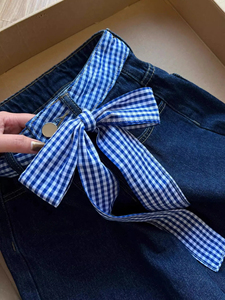 Women's Loose Straight-Leg Wide-Leg Denim Jeans High Waist Plaid Splicing Butterfly Knot Casual Spring Autumn New Style - Product Image 6