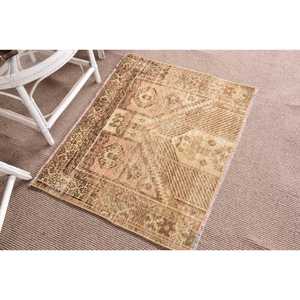 Vintage Turkish <b>Rug</b>, 3.2x2.6 ft Small <b>Rug</b>, Brown Beige <b>Check</b> <b>Rug</b> - Product Image 3
