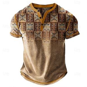 Camiseta de Verano 2026 para Hombre, Cuello en V, Estampado a Cuadros 3D, Estilo Retro Urbano, Abotonada, Manga Corta, para Exteriores - Product Image 3