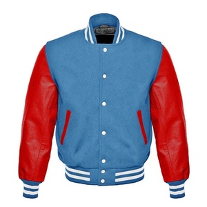 Veste universitaire unisexe en laine bleue avec manches en cuir PU rouge, coupe classique, col montant, décontractée, hiver, logo frontal - Product Image 3