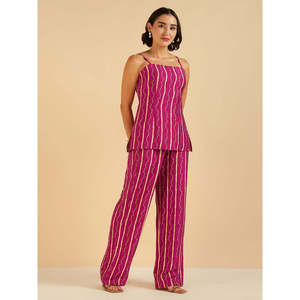 Bohemian Magenta Bandhani Printed Sleeveless Breathable Top & Sharara Fusion Co-Ord <b>Set</b> for Women Spring/Summer - Product Image 5