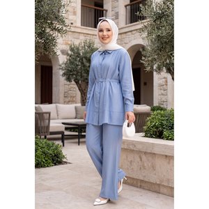 Conjunto de Dos Piezas de Túnica y Pantalones Casuales con Cinturón para Primavera/Verano, Color Azul Bebé - Product Image 1