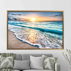 Elegant Sunset Ocean Beach Scenery Printed Canvas Wall Art,1P:Gold <b>Framed</b> - Product Image 1