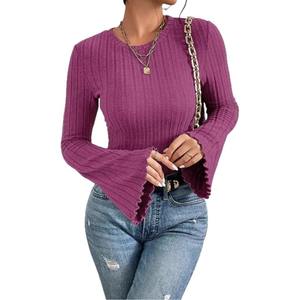 Haut à manches régulières à col rond pour femmes grande taille, respirant, écologique, streetwear, coupe ajustée côtelée, élégant, chemisier pour femmes - Product Image 2