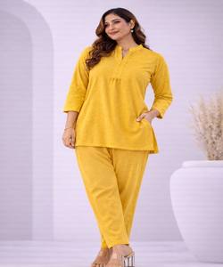 NEW ARRIVAL COTTON BLEND PLAIN CO-ORD SET DAILY WEAR WEAVING LATEST DESIGNER FANCY ETHNIC GARMENT YELLOW - Product Image 1