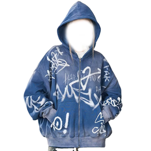 Men's Blue Graffiti Print <b>Full</b> <b>Zip</b> <b>Up</b> <b>Hoodie</b> Y2K Oversized Washed Sweatshirt Streetwear Grunge Hooded Jacket - Product Image 4