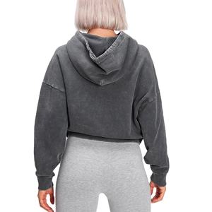 Sudadera con capucha de mujer de cuello alto de algodón 100% de punto OEM, sudaderas con capucha con diseño de lavado ácido corto con logotipo frontal con cremallera y hombros caídos - Product Image 3