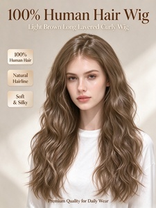 Perruque 100% cheveux humains, brun clair, longue, à couches, bouclée, ondulée naturelle, pour usage quotidien - Product Image 5
