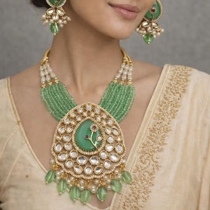 Multi-strand Green Brass Beaded Necklace Set Featuring Large Handcrafted <b>Kundan</b> Pendant for Anniversary Wedding Party - Product Image 1
