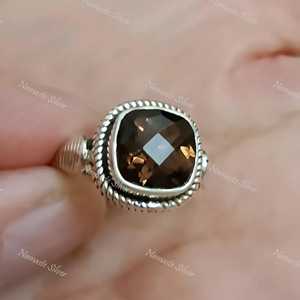 Smoky <b>Quartz</b> <b>Ring</b>, 925 Sterling Silver, Handmade Cushion Cut Boho Jewelry - Product Image 1