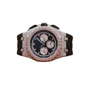 New Arrival Luxury Analog Display Analog Dial Watch 20mm Rubber Belt Iced Rose Tone Moissanite Diamond Hip Hop Style 39mm <b>Glass</b> - Product Image 1