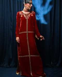 Awaais House Women's Solid Ethnic Floor-Length Long Sleeve High Neck <b>Sequined</b> Hand Beaded <b>Flared</b> Hem Velvet Polyester Kaftan - Product Image 1