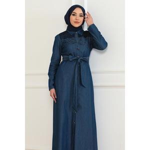 Vestido Casual de Mezclilla Azul Oscuro con Detalle de Perlas-6138 - Product Image 2