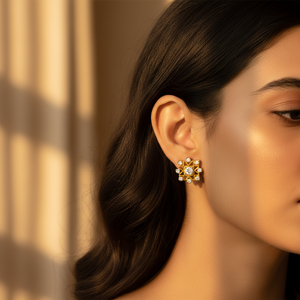 Pendientes de Botón con Diseño Floral, Chapados en Oro y con Diamantes para Mujer - Product Image 2