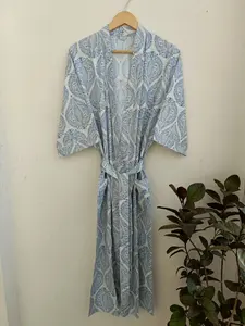 ชุดคลุมอาบน้ำชุดกิโมโนยาวถึงพื้นทำจากผ้าฝ้าย100% ชุดนอนแม็กซี่พิมพ์ลายสีฟ้า - Product Image 3