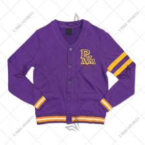 Cárdigan de punto personalizado PRAIRIE VIEW A & M para hombre con logotipo bordado color púrpura con rayas doradas - Product Image 1