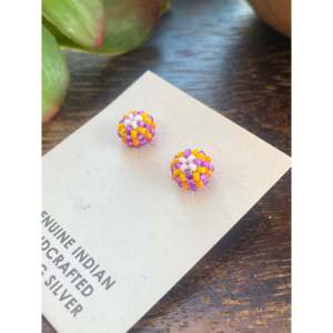 Navajo Handmade Beaded Flower Stud Earrings with Bezel Setting - Product Image 4