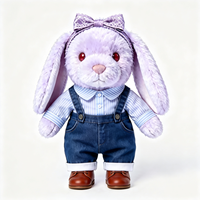 Peluche Lapin Mignon Personnalisé Violet à Oreilles Tombantes avec Nœud et Salopette en Jean, Jouet en Peluche Doux en Coton PP, Poupée Lapin Rembourrée