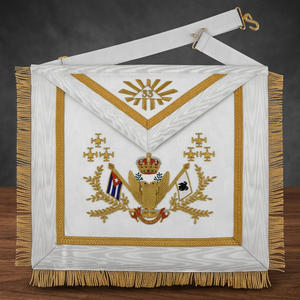 Tablier maçonnique blanc brodé or, Croix du 33e Degré, Aigle, Couronne, Pompon, Franges, Décoration murale carrée - Product Image 1