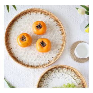 <b>Round</b> <b>Serving</b> <b>Tray</b> Storage Food Mother of Pearl & Rattan <b>Tray</b> Picnic Fruit Basket Wicker <b>Tray</b> From Vietnam Bulk Exporter - Product Image 1