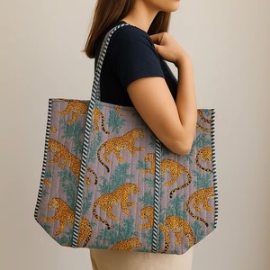 Golden Leopard Artisan Quilted Leopard Print <b>Tote</b> <b>Bag</b> - Lilac Sustainable Fashion Carryall - Product Image 3