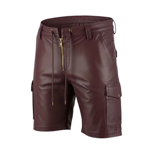 Nouveaux shorts cargo en cuir véritable pour hommes, couleur marron foncé, avec cordon de serrage à la taille, design tendance, style streetwear - Product Image 1