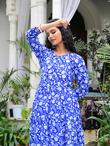 Robe mi-mollet trapèze décontractée ethnique pour femme, 100 % coton tissé, imprimé géométrique bleu, écologique, avec boutons et taille empire - Product Image 6