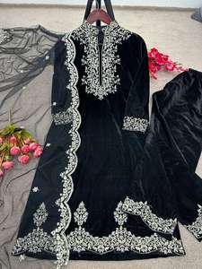 Designer indien vêtements de fête de mariage meilleure qualité viscose velours séquence lourde brodé travail haut et bas avec Dupatta - Product Image 4