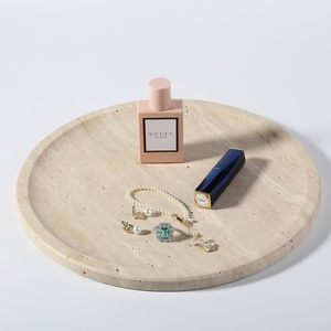 Plateau de service rond en marbre 11,8 po x 0,8 po, beige clair, pierre naturelle, pour cuisine, salle de bain et table basse - Product Image 1