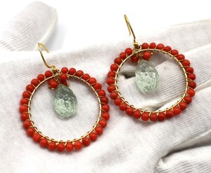 Pendientes redondos de Coral italiano Natural de oro de 14 quilates, pendientes de pera tallados con flor de amatista verde, pendientes redondos de Coral - Product Image 1