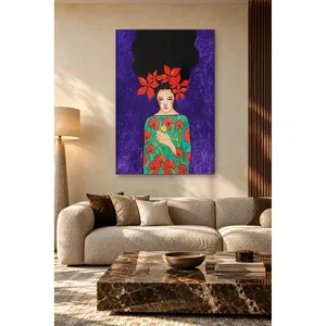Impresión en Lienzo de Fida, Mujer con Corona de Flores Rojas y Pájaro en la Mano - Product Image 2