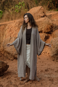 Natural Light Grey 100% Cotton Kimono <b>Boho</b> Earthy Handloom Maxi Dress Casual Style Breathable and Solid Pattern - Product Image 3