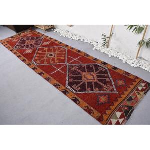 2.9x10.3 ft Turkish Rug, Vintage <b>Runner</b> Rug, <b>Red</b> Brown Floral Wool Rug - Product Image 4