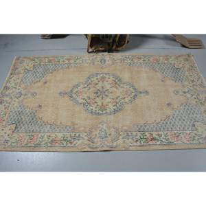 พรมตุรกีโบราณสีเบจและสีฟ้าแนววินเทจ3.9 x 7.1ft การเย็บปะติดปะต่อกันแบนทอผ้าขนสัตว์ด้านหลังสำหรับตกแต่งห้องนั่งเล่นวัยรุ่น - Product Image 3