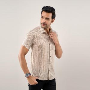 Chemise en jean marron à motifs floraux pour homme, 100 % coton popeline tissée, respirante, coupe classique, manches mi-longues, été et automne - Product Image 4