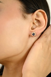 Pendientes de Botón de Oro Puro de 18K con Zafiro Azul Natural de Corte Redondo de 0.25 ct y Halo de Diamantes Laterales, Regalo para Ella - Product Image 3