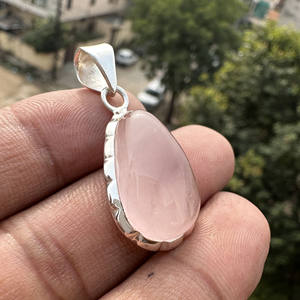 Natural Rose Quartz Pendant <b>Necklace</b> 925 Sterling <b>Silver</b> <b>Handmade</b> Bohemian Style Bezel Setting Gemstone Jewelry Gift Party - Product Image 1