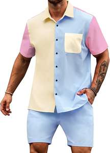 Ensembles courts d'été décontractés pour hommes Chemise boutonnée et short à manches courtes contrastées Ensemble 2 pièces Survêtement - Product Image 3