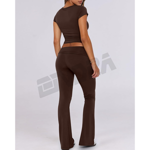 Nueva Camiseta de cuello redondo con pantalones acampanados de tiro bajo, conjunto de ropa de calle elegante, ropa de salón elegante y cómoda, perfecta para un ambiente informal diario - Product Image 4