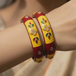 <b>Set</b> of 2 Fine <b>Bangles</b> Red & Yellow Floral Stone Lac Design - Product Image 6